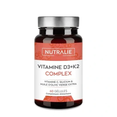 Image de Vitamine D3 K2 (MK7) Haute Dose 10000 UI Vit C + Huile d&#039;Olive 20 Mois Traitement Os Muscles Système Immunitaire D BIO disponible avec et Silicium 60 Gélules NUTRALIE