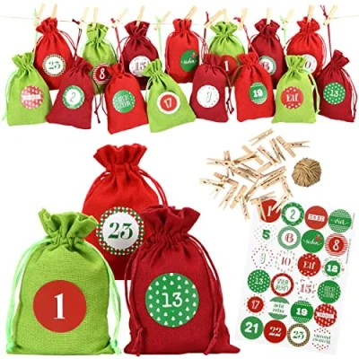 Image de Papierdrachen Lot de 24 Sachets en tissu à remplir Avec autocollants numérotés 1 Sac décorer soi même cadeaux Rouge et vert Numéro 28