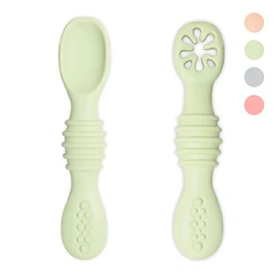 Image de VegMai® PreCuillères pour bébés. Cuillères BLW d&#039;apprentissage, étape 1 + 2. Recommandées par les nutritionnistes et experts BLW. Couverts en silicone antibactérien ergonomiques.(VERT)