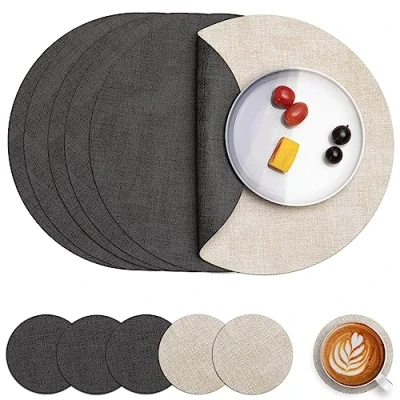 Image de Myir JUN Set de Table en Cuir et Dessous Verre Lot 6, Sets Rond Antidérapant Double Face Plastique Lavable Résiste à la Chaleur (Gris Crème, 6)