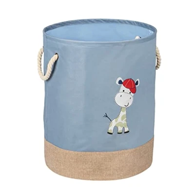 Image de WENKO Panier à Linge Kids Gerry Bleu, Sac Rond pour Enfants, Bleu Gris avec Jolis Motifs de girafes et Deux anses en Coton, contenance 63 litres Un Seul Compartiment, Ø 40 x 50 cm