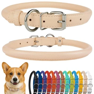 Image de CollarDirect Collier pour Chien en Cuir roulé, Chiot Rond rembourré Doux, véritable Fait à la Main Petit Grand Chat 13 Couleurs (30 35 cm, texturé Beige)