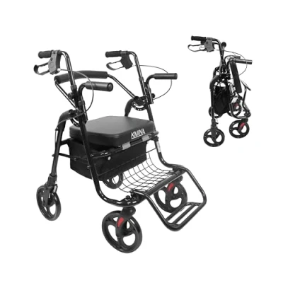 Image de KMINA Déambulateur Fauteuil Roulant, 4 Roues Pliable Léger, avec Siège, Rollator Pliable, Fauteille pour un Terrain Lisse, Réglable Noir
