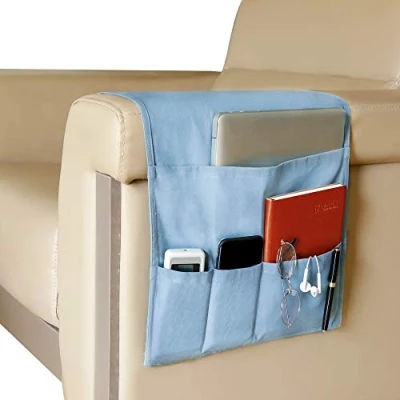Image de Organiseur pour Canapé et Fauteuil, Support télécommande, Sofa Accoudoir Caddy avec 5 Poches, Sac de Rangement à Suspendre D&#039;accoudoir Magazine, Livres, Des lunettes, Bleu
