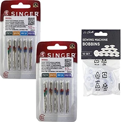 Image de Singer Lot de 20 Aiguilles pour Machine à Coudre Universelle Grosseur 70 80 90 100 le coton et les tissus synthétiques 130/705 H Talon plat d&#039;un côté pack 10 Canettes
