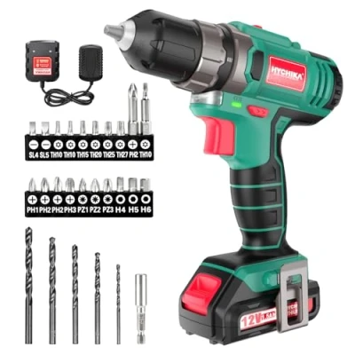 Image de HYCHIKA 12V Visseuse Devisseuse Sans Fil avec Batteries, 30Nm Perceuse Visseuse, 21+1 Réglages de Couple, 25 Accessoires, 2 Vitesses, LED, pour la Bricolage, Vert et Noir