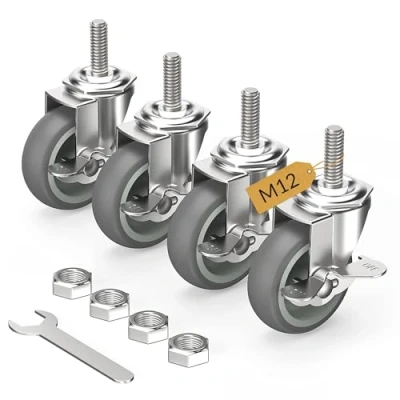 Image de HOLKIE Roulettes pour meubles 75 mm avec freins, M12 x 1,75 30 Lot de 4 pivotantes à tige filetée charge lourde verrouillables Gris