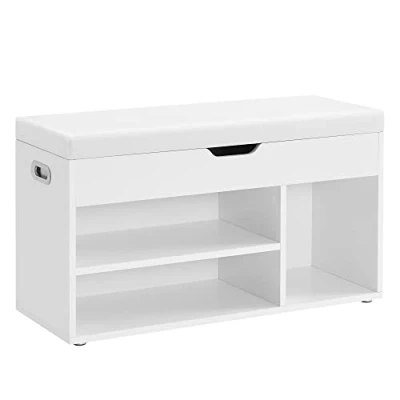 Image de VASAGLE Banc à Chaussures Rembourré, de Rangement, 3 Compartiments, Rangement Caché, Étagères, pour Salon, Entrée, Chambre, Capacité Charge 150 kg, Blanc Nuage LHS30W