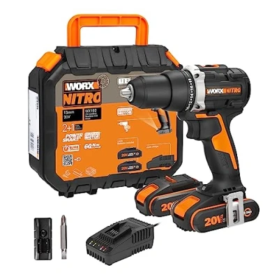 Image de WORX Nitro Perceuse Visseuse sans Fil 20V Couple Max de 60Nm Mandrin ⌀13mm Vissage et Dévissage Moteur Brushless 2 Vitesses Variables Livrée avec Batteries Chargeur WX102