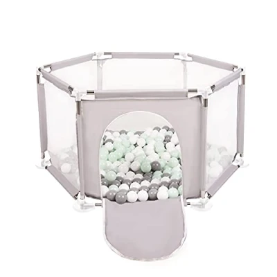 Image de Selonis Parc Bébé Hexagonal Pliable Avec 100 Balles Plastiques, Gris:Blanc/Gris/Mentha