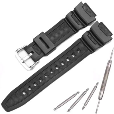 Image de MCXGL Bracelet de montre rechange en résine naturelle compatible avec Casio W218H W 219H AE1200WH AE 1300WH W800H SGW 300H F 108WH caoutchouc étanche, Boucle argentée noire, 18mm, Lot