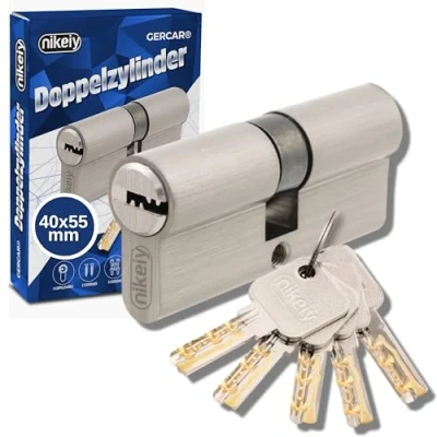 Image de GERCAR Cylindre de serrure profilé Pro 40/55, massif, double cylindre, à porte, en laiton nickelé, avec 5 clés, clé réversible, longueur : 95 mm, A 40 B 55 1 x