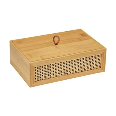 Image de WENKO boîte de salle bain Allegre L, décorative avec couvercle dans un style bohème tendance, en bambou et rotin tressé qualité, ranger des accessoires toilette, 22 x 7 15 cm, naturel