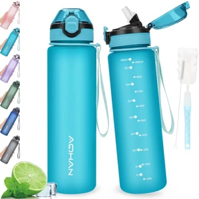 Image de AOHAN Bouteille d&#039;eau avec couvercle à rabat anti fuite, sans BPA paille, passe au lave vaisselle, carafe non toxique sangle de transport