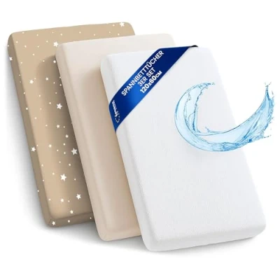Image de Drap Housse Cododo pour Nacelle Ensemble de 2 Draps Lot 3 : 120 x 60 cm avec Protege Matelas Impermeable Alese Bebe Compatible Berceaux Landeau Couffin et Poussette Enfant