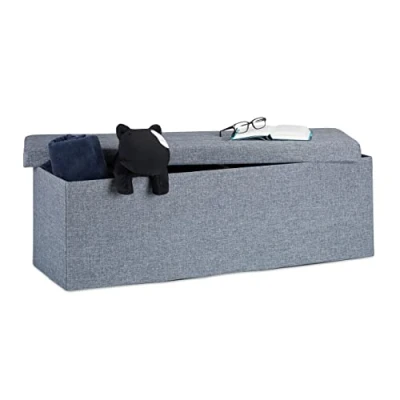Image de Relaxdays 10019049_709 Pouf pliant, banquette avec rangement, repose pieds, en lin, gris foncé, 114 x 38 cm