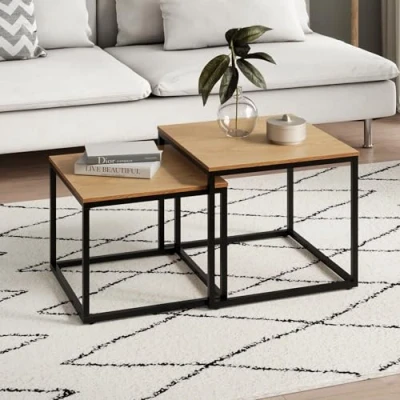 Image de Home Collective Lot de 2 Tables Basses carrées en Bois Table d&#039;appoint Moderne 1 avec Structure métal pour Salon, Bureau, Loft Design Twin Chêne Clair