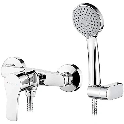 Image de Ibergrif M12057, Mitigeur Douche avec Douchette et Flexible de Support Robinet Universel Filetage G1/2, Mural, Flexible, Laiton, Chromé