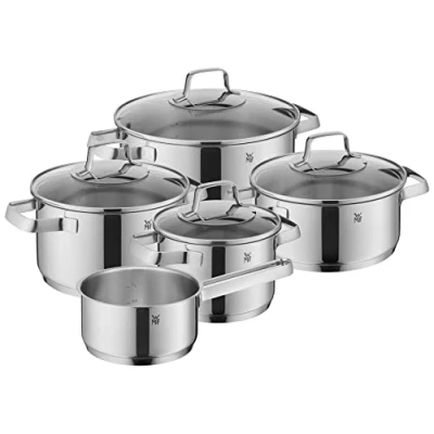 Image de WMF Belmonte Lot de 5 casseroles à induction avec couvercle en verre Cromargan acier inoxydable poli sans revêtement