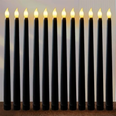 Image de FAEFTY Lot de 12 Bougies Led Flamme Vacillante, Coniques Sans Flamme, Bougie Électrique, à Piles pour Noël, Thanksgiving, Dîner aux chandelles, Mariage（Noir, 2.1 x 28 cm