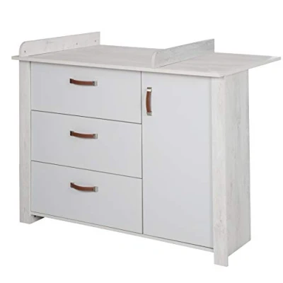 Image de roba Commode à Langer &quot;Mila&quot; avec Plan Amovible 3 Tiroirs et 1 Porte Fermeture Douce Gris clair/Chêne blanchi