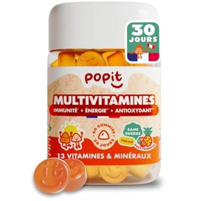 Image de POP IT 60 Gummies Multivitamines et Minéraux Cure Vitamine 1 Mois Vegan, Sans Sucres, Goût Tropical 13 Multi Vitamines Femme Homme A, B, C D, Zinc, Iode