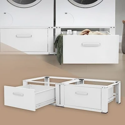 Image de ML Design Support pour Machine à Laver Double avec 2 Tiroirs Coulissants, Blanc, 128x53,5x31,5 cm, Socle Compartiments 2x150 kg, Acier, Base de Lave Linge, Sous armoire, Plateforme Haut 31,5 cm