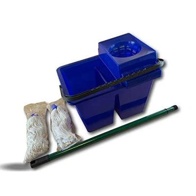 Image de Kit lave sol pro double compartiment Ensemble nettoyage des sols Serpillère à franges x 2 Manche télescopique Seau plastique Panier essoreur Tressage visser Kibros LAVSOLBI