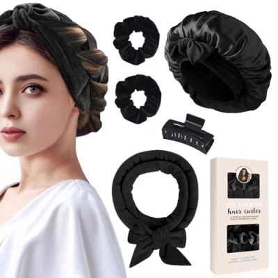 Image de Boucle Sans Chaleur, Set Boucles Chaleur avec Bonnet Cheveux,Bandeau de bigoudis Chaleur,Bigoudi Cheveux Sommeil Doux pour Moyens et Longs Noir