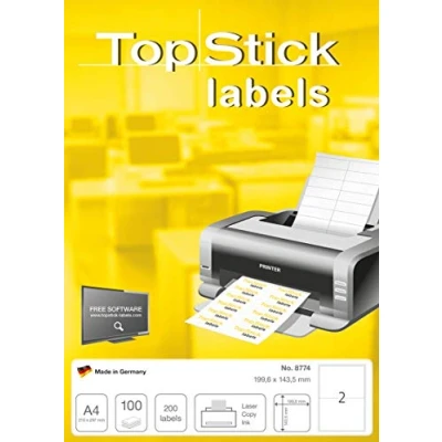 Image de TopStick Pochette de 200 étiquettes autocollantes multi usages (199,6 x 143,5 mm) Personnalisables et imprimables, Impression laser / jet d&#039;encre, (8774)