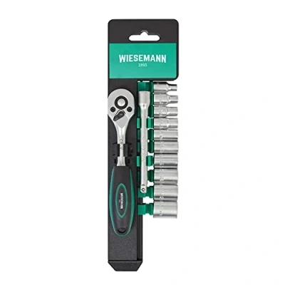 Image de Lot douilles et cliquet 12 pièces avec support WIESEMANN 80003 acier au chrome vanadium 1/4&quot; rallonge 100 m 4 à 13 mm 6 pans