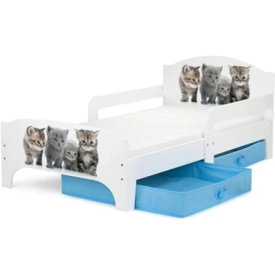 Image de Leomark Smart Moderne Lit d&#039;enfant Toddler 140x70 Blanche Simple avec Un Tiroir, pour Enfant Rangement et Matelas, Tiroir en Textile 2 Pièces