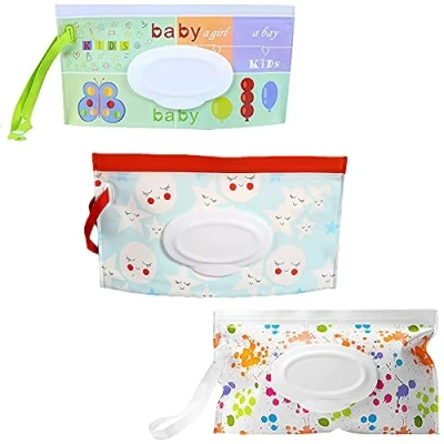 Image de 3 distributeurs de lingettes humides portables réutilisables et rechargeables pour bébé, respectueux l&#039;environnement léger, pochette voyage bébé (Multicolore B)