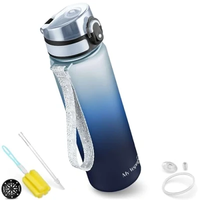 Image de My Vesperbox Minny Gourde anti fuite pour enfant, avec paille ou passoire, 350 ml, 500 750 bouteille d&#039;eau légère sans BPA, la maternelle, l&#039;école (blanc bleu noir, ml)