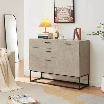 Image de [en.casa] Buffet Style Industriel Commode pour Salon Entrée Chambre Meuble de Rangement avec Tiroirs et Étagère Fermée à Porte Métal Panneau Particules 75 x 100 35 cm Noir Effet Béton Clair