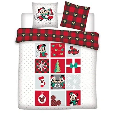 Image de Parure de Lit Double Mickey et Minnie en Flanelle, 100% Coton, Housse Couette 200x200 cm + 2 Taies d&#039;oreiller 65x65