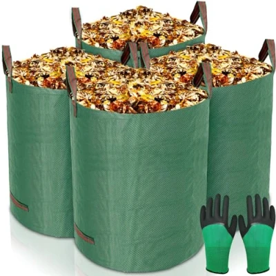 Image de GUHAOOL Sacs de Jardin 4x272L,Sac Déchets en Polypropylène Extrêmement Robuste (PP),Pliables et Réutilisables,étanche Grande avec Poignées,Sacs Poubelle Jardin(Gants Jardinage)