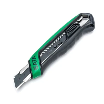 Image de SATA ST93482 T Series Couteau utilitaire à lame rétractable de 18 mm, avec un bouton poussoir intégré, manchon en acier et une poignée ergonomique prise main souple