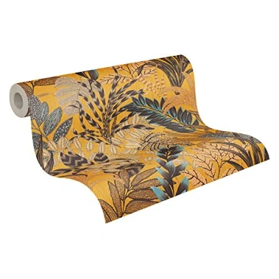 Image de Livingwalls Papier peint intissé Tapisserie florale en jaune, marron et bleu pour différentes pièces mural de 10,05 m x 0,53