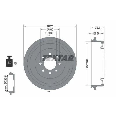 Image de TEXTAR 94013700 Tambours de frein Tambour en deux pièces sans roulement roue, boulon fix moyeu roue 278