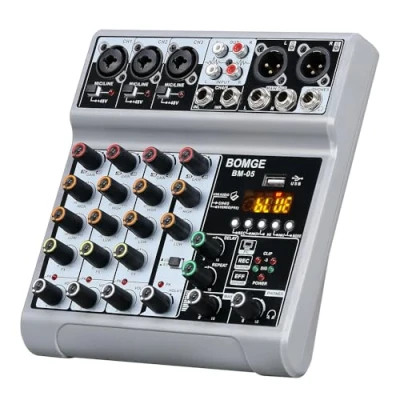 Image de BOMGE Table de mixage audio, console avec 5 canaux numériques USB Bluetooth, effet retard d&#039;écho, alimentation fantôme 48 V, mixeurs DJ stéréo pour enregistrement, diffusion en direct,