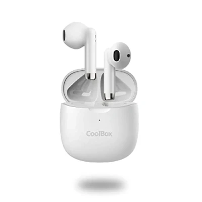Image de CoolBox TWS 01 Casque sans Fil Bluetooth 5.1 + EDR, 10 m de portée, 5H en Lecture, 15H d&#039;autonomie avec étui Chargement, Charge complète 1,5H, USB C. Blanc