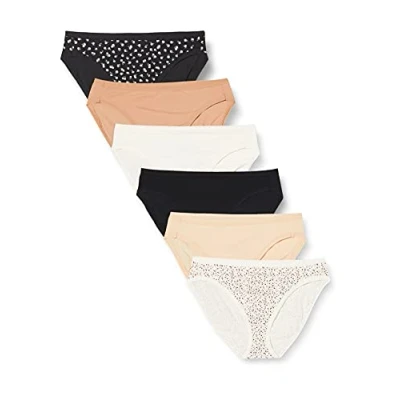 Image de Amazon Essentials Culotte en Coton à Jambe échancrée (Grandes Tailles Disponibles) Femme, Lot de 6, Fleuri/Multicolore/Points, 44
