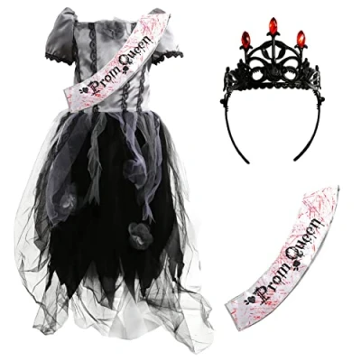 Image de Déguisement de zombie sous mort pour fille avec robe bal promo, couronne noire et écharpe tachée sang Taille L