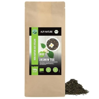 Image de thé au jasmin biologique, en vrac, vert aux fleurs de issues l&#039;agriculture biologique contrôlée, séché, sans additifs (100 GR)
