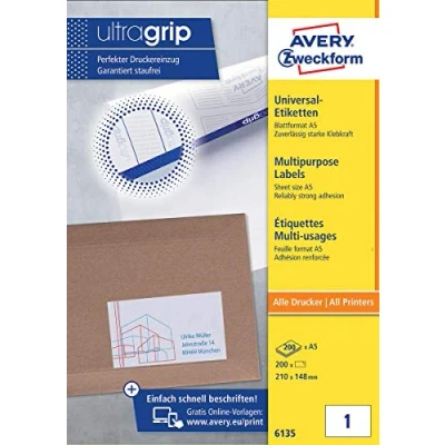 Image de Avery zweckform étiquettes universelles 6135 blattformat au format a5 148 x 210 mm lot de 200 feuilles (blanc)
