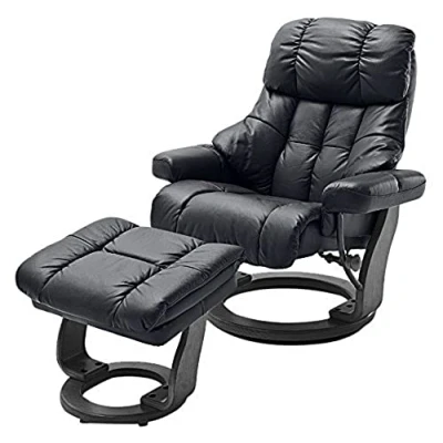 Image de Robas Lund Fauteuil inclinable Calgary XXL avec tabouret, peut supporter jusqu&#039;à 180 kg, cuir véritable noir, structure en bois noir,64038SX5