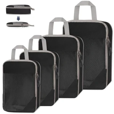 Image de WUFANC Organisateur Valise Compressible Ensemble De 4 Pièces, Rangement Imperméables Et Faciles à Ranger, Maille Respirante Visible Packing Cubes Compression (Noir)