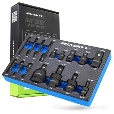 Image de HASKYY Lot de 17 adaptateurs pour visseuse à percussion Articulation cruciforme Jeu d&#039;adaptateurs douille choc 1/4&quot;, 3/8&quot;, 1/2&quot;, 3/4&quot;