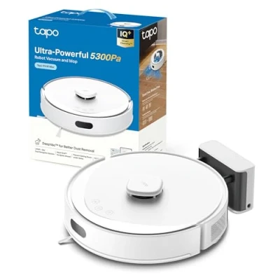 Image de Tapo Aspirateur Robot Laveur 2 en 1 RV30Max White, Silencieux et Fin, Ultra puissante de 5300Pa, Navigation LiDAR, Auto Charge Autonomie 150min, Tapis Poils d&#039;animaux, Commande vocale